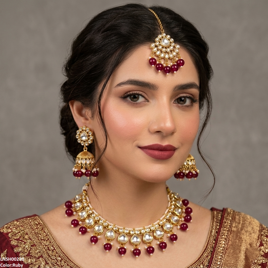 LNSH00230  ANI Oval Pearl Drop Rajwari Necklace Set - LNSH