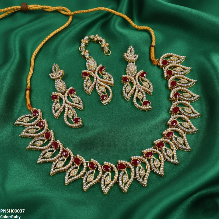 PNSH00037 MZM Oval Leaf Necklace Set - PNSH