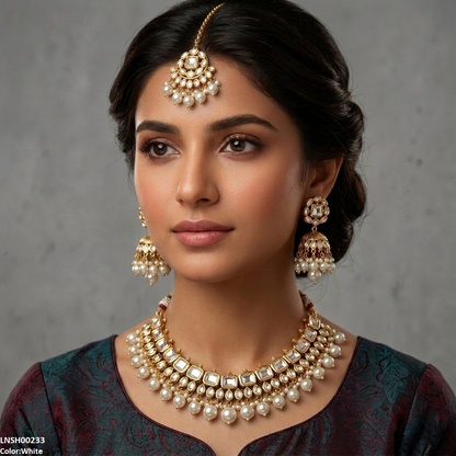 LNSH00233 ANI Square/Oval Stone Pearl Drop Rajwari Necklace Set - LNSH